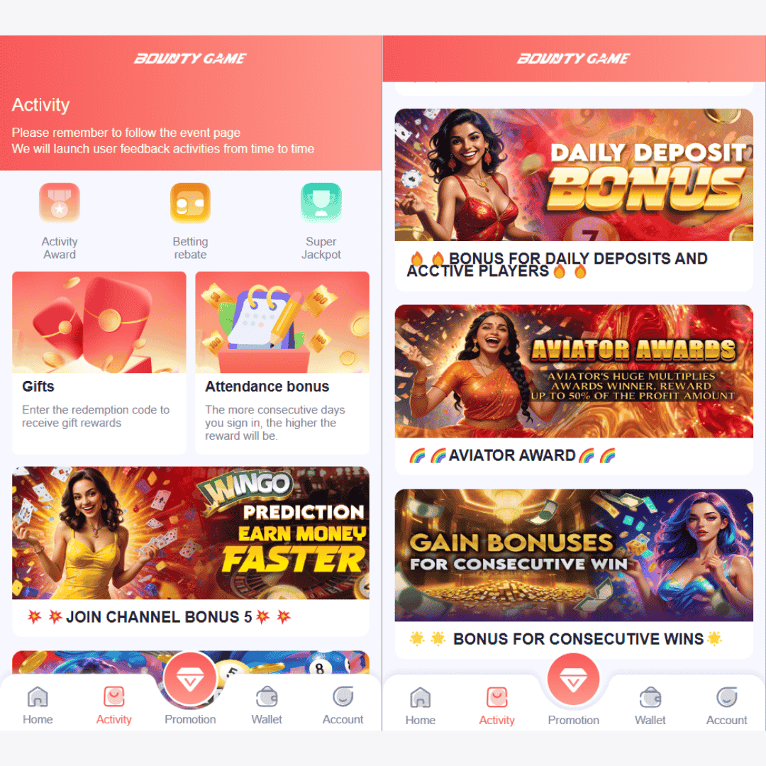 Bounty Game promotional banner showcasing various bonus types like daily deposits, prediction wins, and more